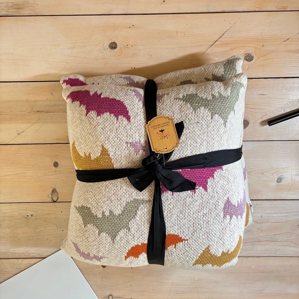 (2) Sweet Street NWT Set of 2 Square Soft Knit Multicolor Bat Pillows 20x20